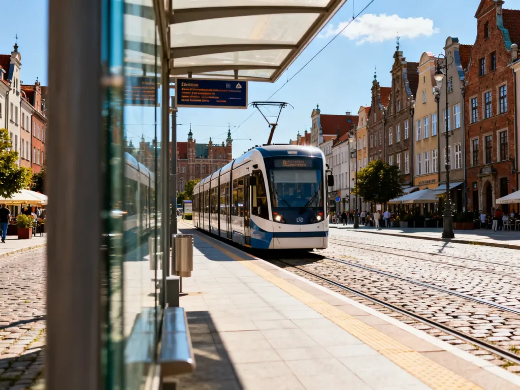 Nowoczesny tramwaj wjeżdżający na słoneczny przystanek w Gdańsku na tle zabytkowej architektury miasta.
