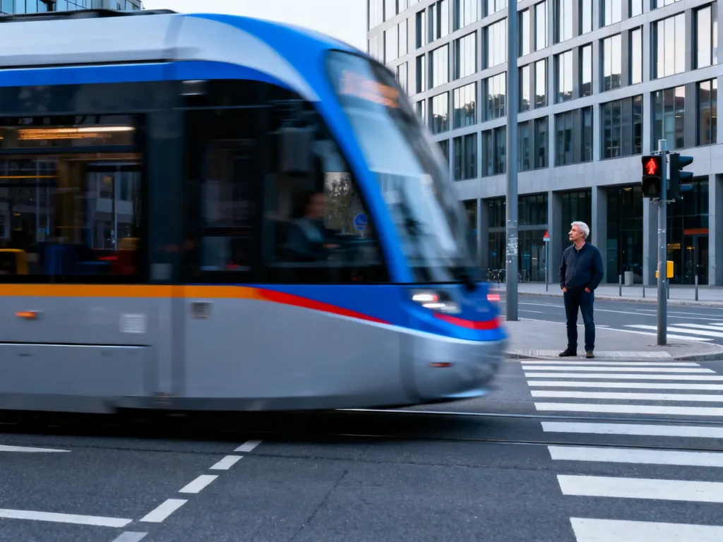 Nowoczesny tramwaj przejeżdżający przez skrzyżowanie, podczas gdy pieszy oczekuje na przejście.