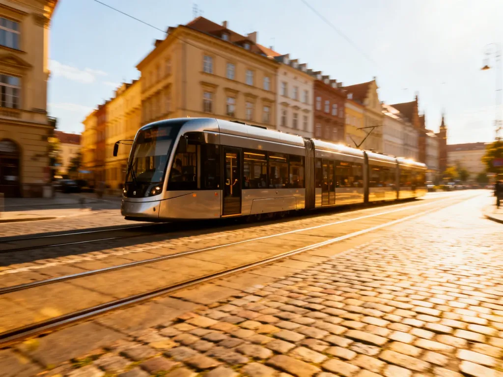 Nowoczesny tramwaj przejeżdżający przez zabytkową ulicę we Wrocławiu w słoneczny dzień.