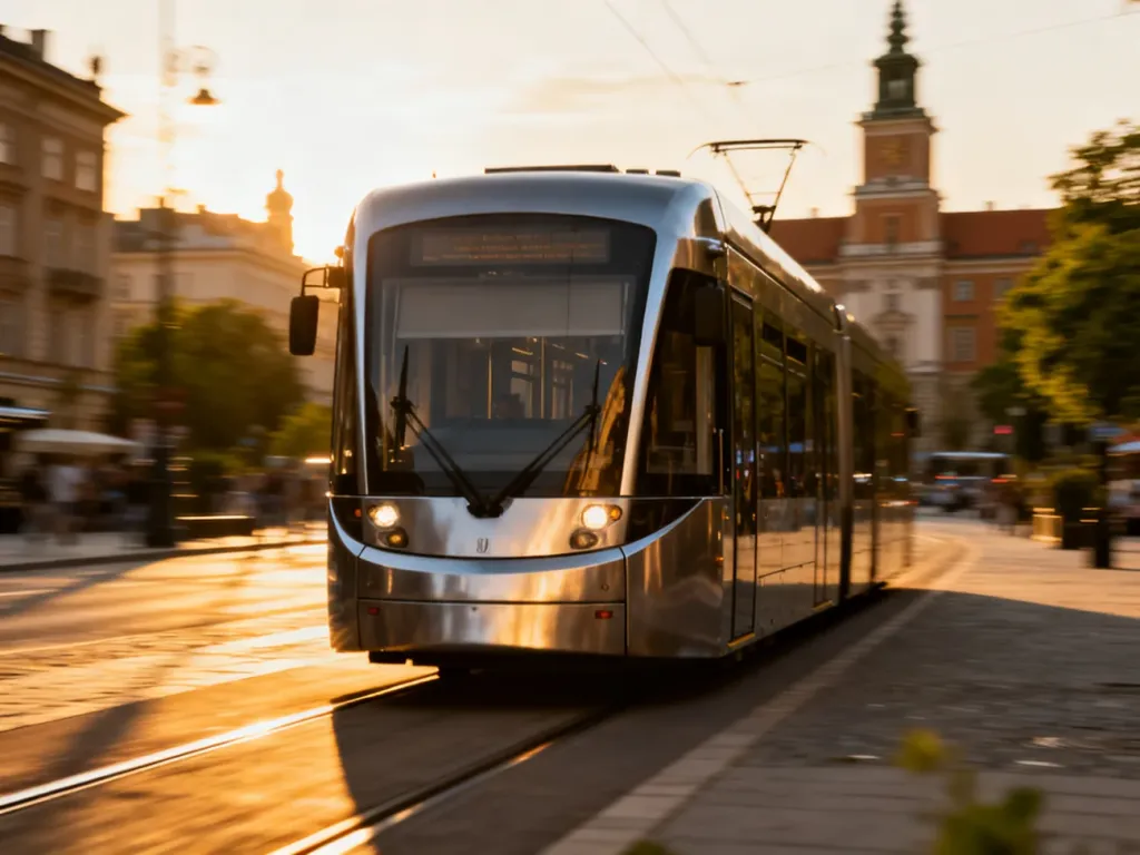 Nowoczesny tramwaj linii 16 przejeżdża przez centrum Warszawy w świetle zachodzącego słońca.