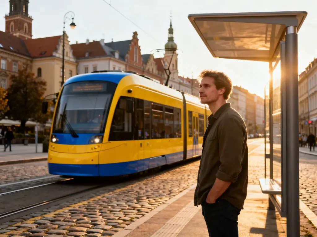 Nowoczesny tramwaj linii 23 przejeżdża przez zabytkowe centrum Wrocławia, podczas gdy pasażer czeka na przystanku.