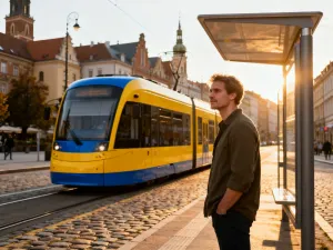 Nowoczesny tramwaj linii 4 przejeżdża przez zabytkową ulicę Wrocławia w świetle zachodzącego słońca.