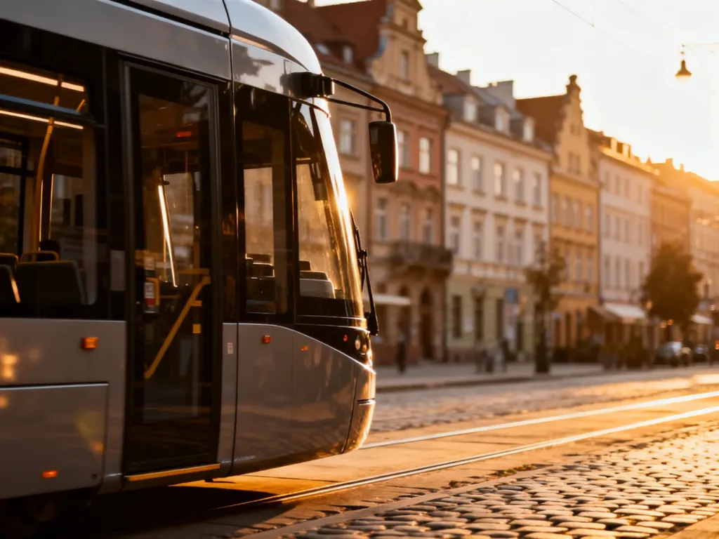 Nowoczesny tramwaj niskopodłogowy przejeżdżający przez zabytkową ulicę Wrocławia w świetle zachodzącego słońca.