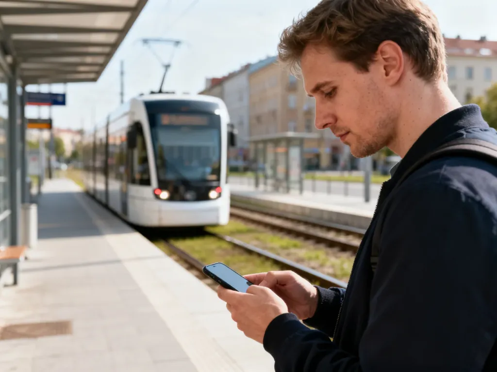 Pasażer sprawdzający rozkład jazdy w aplikacji mobilnej na przystanku tramwajowym w Bydgoszczy.