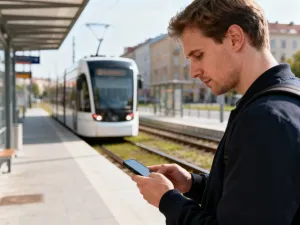 Nowoczesny tramwaj przejeżdżający przez słoneczną, zabytkową ulicę Wrocławia w świetle złotej godziny.