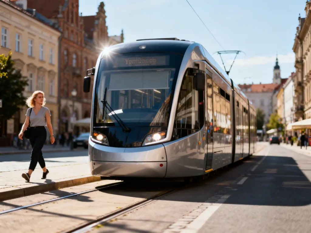 Nowoczesny tramwaj linii 8 przejeżdżający przez słoneczne ulice Bydgoszczy w otoczeniu zabytkowej architektury.