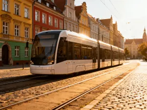 Nowoczesny tramwaj linii 8 przejeżdżający przez słoneczne ulice Bydgoszczy w otoczeniu zabytkowej architektury.