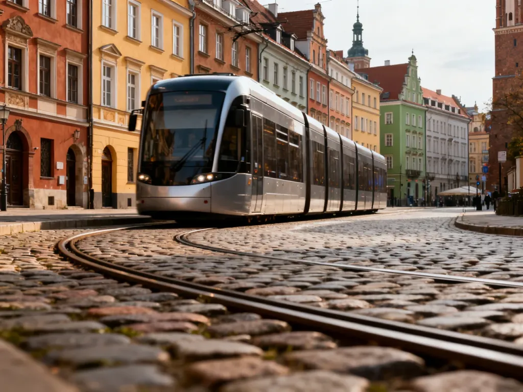Nowoczesny tramwaj linii 20 przejeżdżający przez zabytkową ulicę Wrocławia z kamienicami w tle.
