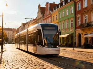 Nowoczesny tramwaj przejeżdżający przez słoneczną, zabytkową ulicę Wrocławia w świetle złotej godziny.