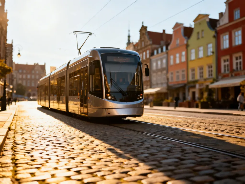 Nowoczesny tramwaj przejeżdżający przez słoneczną ulicę w Gdańsku na tle zabytkowych kamienic.