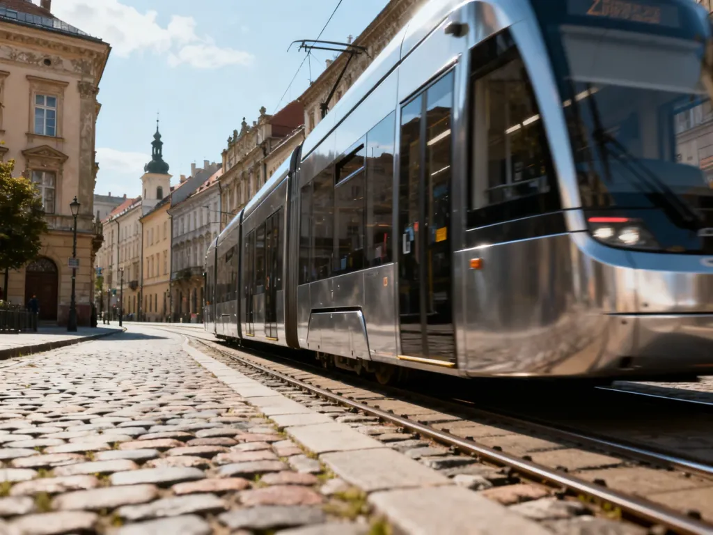 Nowoczesny tramwaj linii 3 przejeżdża przez zabytkową ulicę Zabrza z brukowaną nawierzchnią.
