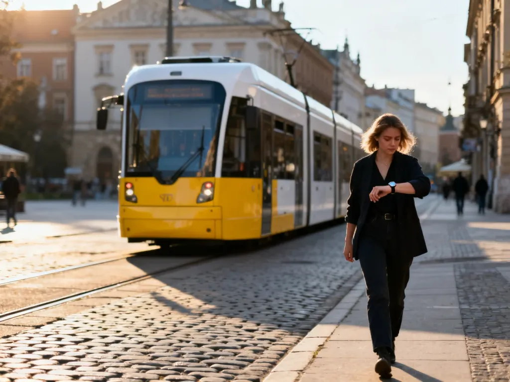 Nowoczesny tramwaj linii 52 przejeżdża przez zabytkowe centrum Krakowa, obok kobiety sprawdzającej godzinę na zegarku.