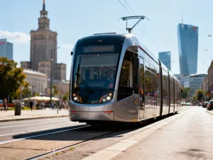 Pasażer sprawdzający rozkład jazdy w aplikacji mobilnej na przystanku tramwajowym w Bydgoszczy.