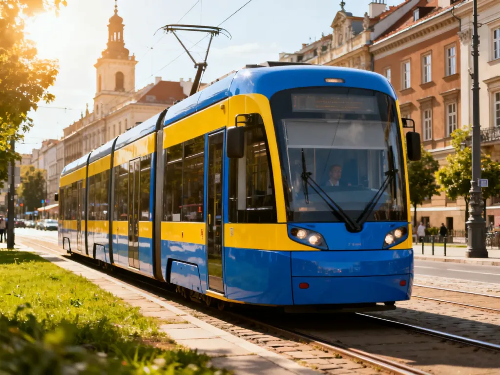 Nowoczesny tramwaj w barwach Warszawy przejeżdżający przez słoneczną ulicę na tle zabytkowej architektury miasta.