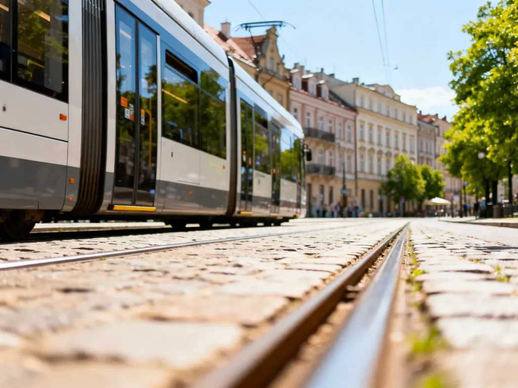 Nowoczesny tramwaj przejeżdżający przez słoneczną, zabytkową ulicę w Poznaniu.