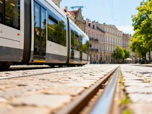 Nowoczesny tramwaj linii 23 przejeżdża przez zabytkowe centrum Wrocławia, podczas gdy pasażer czeka na przystanku.