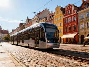 Nowoczesny tramwaj przejeżdżający przez słoneczną, zabytkową ulicę w Poznaniu.