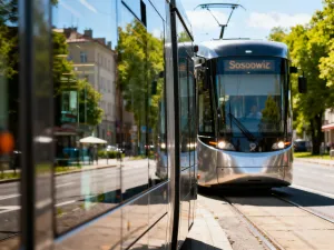 Nowoczesny tramwaj niskopodłogowy przejeżdżający przez zabytkową ulicę Wrocławia w świetle zachodzącego słońca.