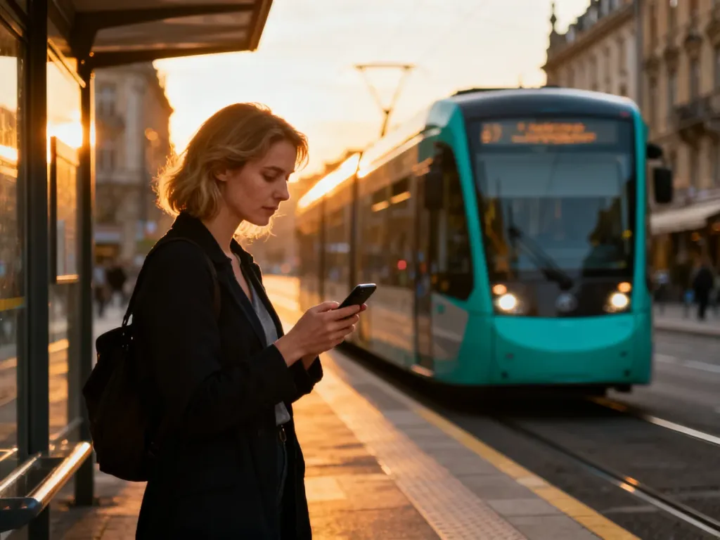 Nowoczesny tramwaj wjeżdżający na przystanek o zachodzie słońca, podczas gdy pasażerka sprawdza rozkład w telefonie.