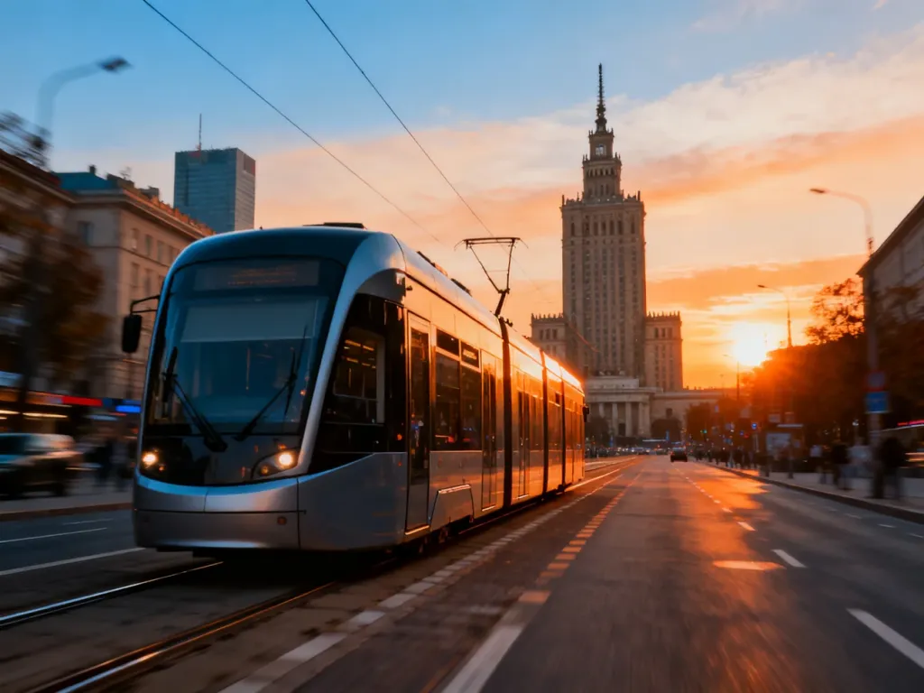 Nowoczesny tramwaj linii 17 przejeżdżający przez Warszawę w blasku zachodzącego słońca.