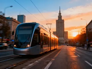 Nowoczesny tramwaj linii 8 przejeżdżający przez słoneczne ulice Bydgoszczy w otoczeniu zabytkowej architektury.