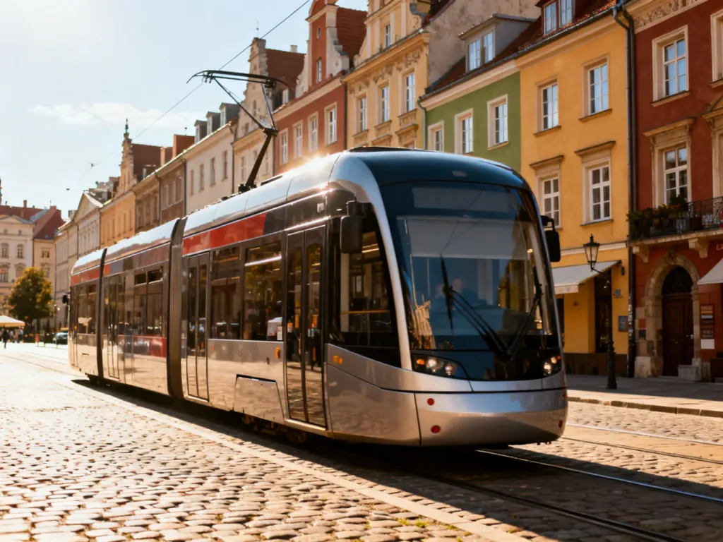Nowoczesny tramwaj przejeżdżający przez słoneczną, zabytkową ulicę Wrocławia z kamienicami w tle.