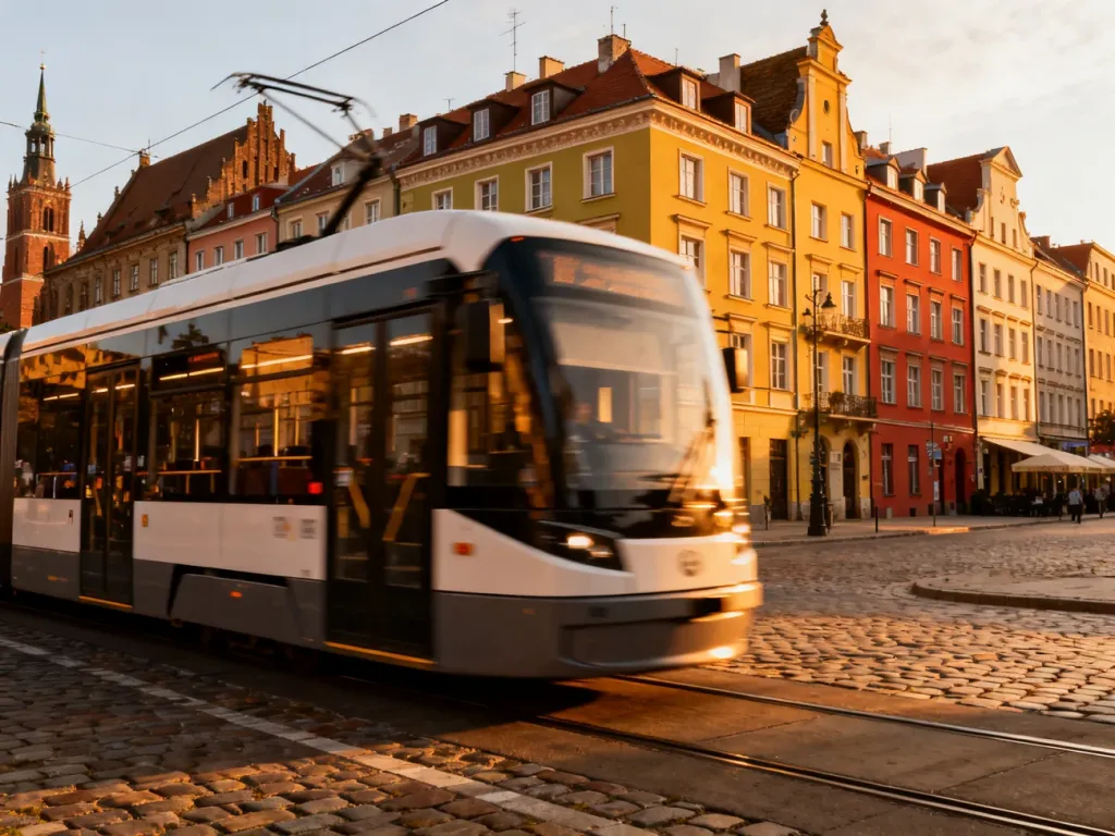 Nowoczesny tramwaj przejeżdża przez zabytkową ulicę Wrocławia w świetle zachodzącego słońca.