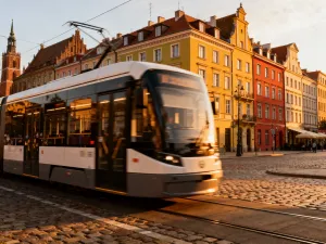 Nowoczesny tramwaj linii 17 przejeżdża przez słoneczną ulicę Wrocławia w otoczeniu zabytkowych kamienic.