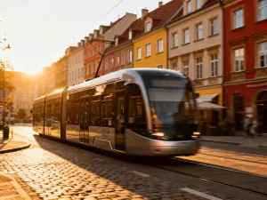 Nowoczesny tramwaj linii 52 przejeżdża przez zabytkowe centrum Krakowa, obok kobiety sprawdzającej godzinę na zegarku.