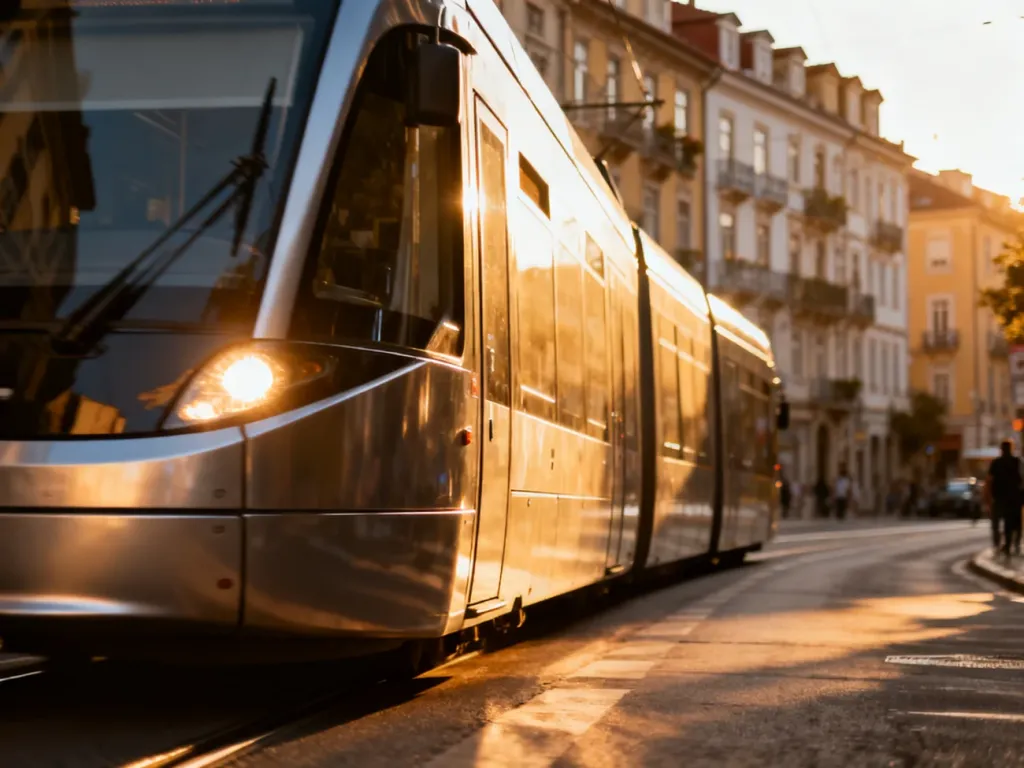 Nowoczesny tramwaj przejeżdżający przez słoneczną, zabytkową ulicę Wrocławia w świetle złotej godziny.