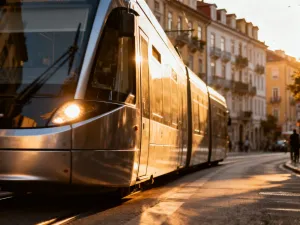 Nowoczesny tramwaj linii 52 przejeżdża przez zabytkowe centrum Krakowa, obok kobiety sprawdzającej godzinę na zegarku.