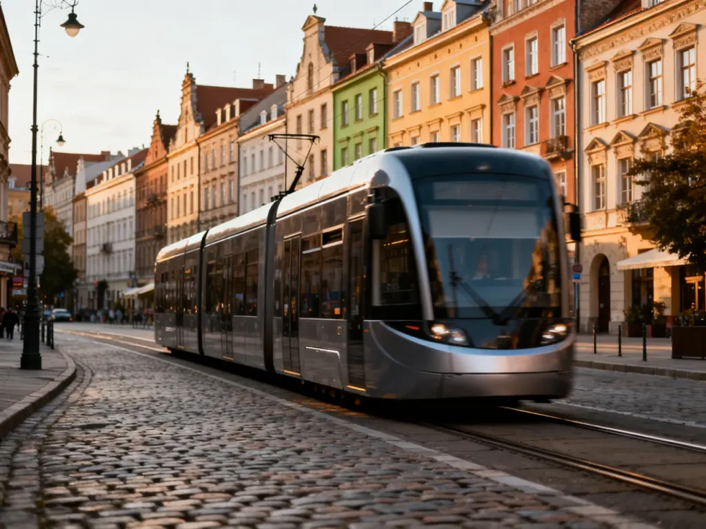 Nowoczesny tramwaj przejeżdżający przez ulicę z zabytkowymi kamienicami we Wrocławiu.
