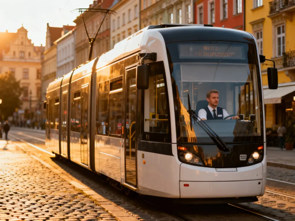 Nowoczesny tramwaj linii 4 przejeżdża przez zabytkową ulicę Wrocławia w świetle zachodzącego słońca.