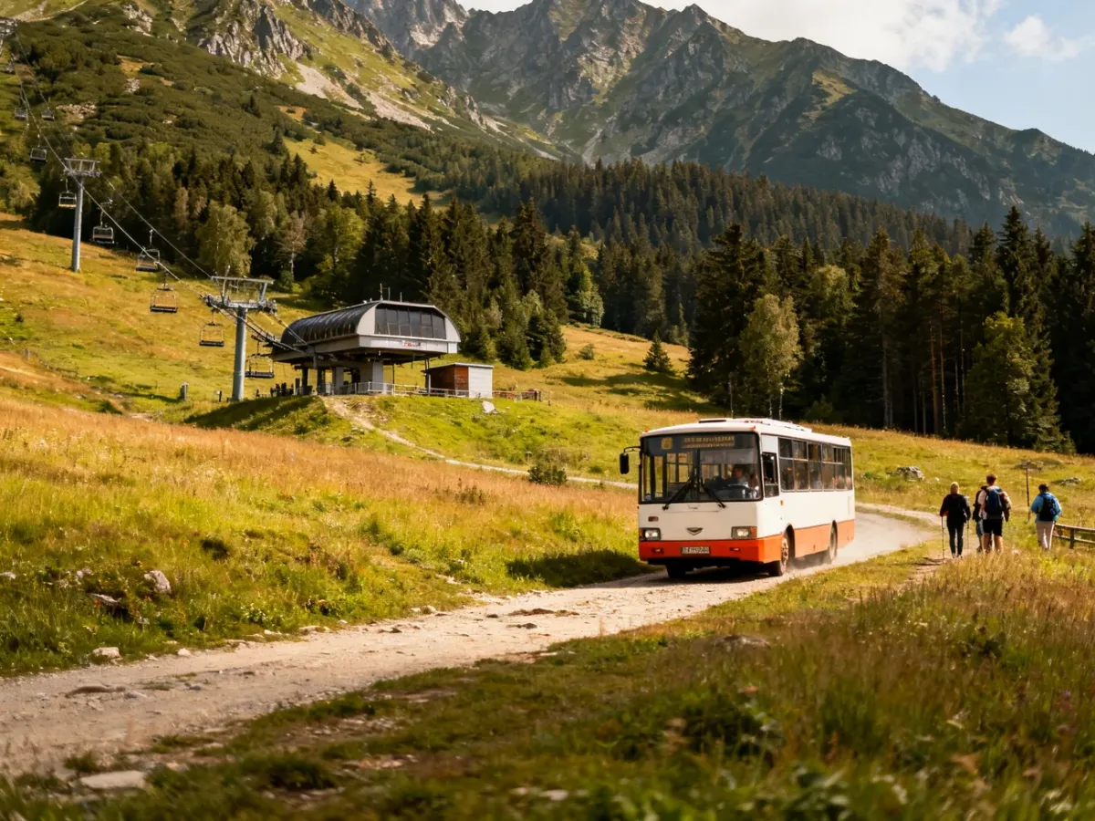 Bus przy przystanku w Małem Cichem w pobliżu górskiej kolei linowej