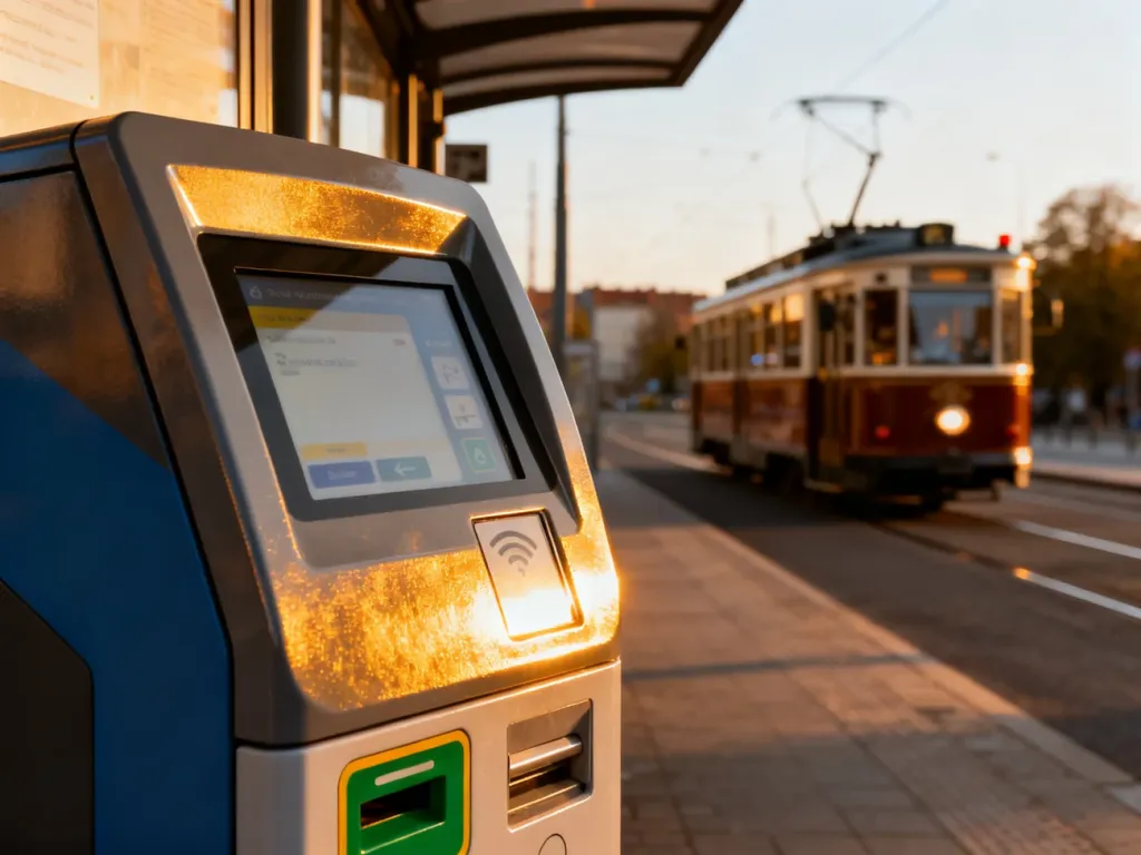 Nowoczesny biletomat na przystanku tramwajowym w Gdańsku w świetle porannego słońca.