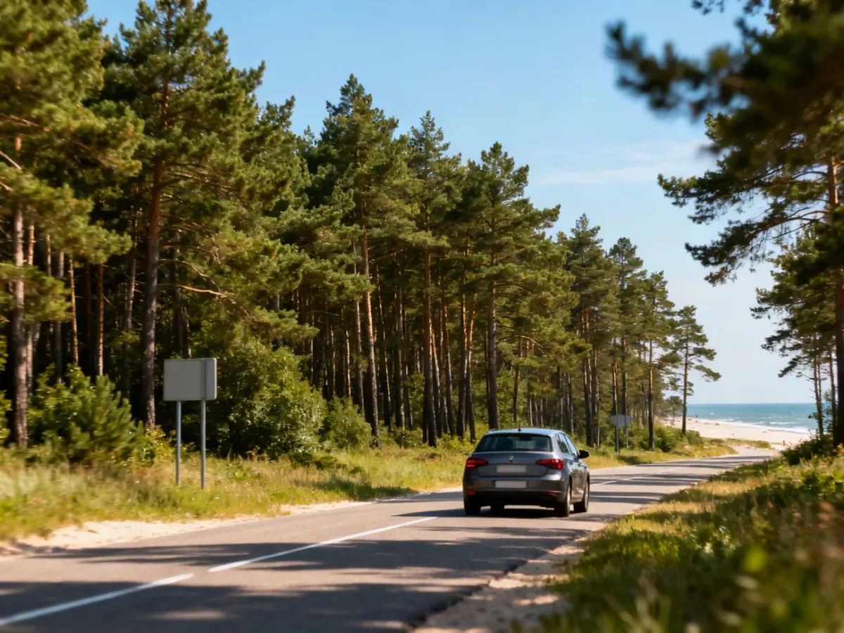 Samochód jadący leśną drogą w kierunku Krynicy Morskiej