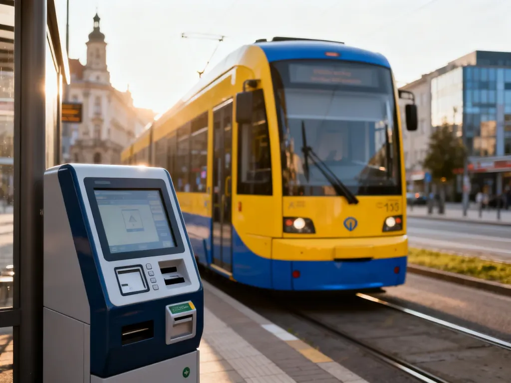 Nowoczesny biletomat na przystanku tramwajowym w Katowicach z widocznym w tle żółto-niebieskim tramwajem.