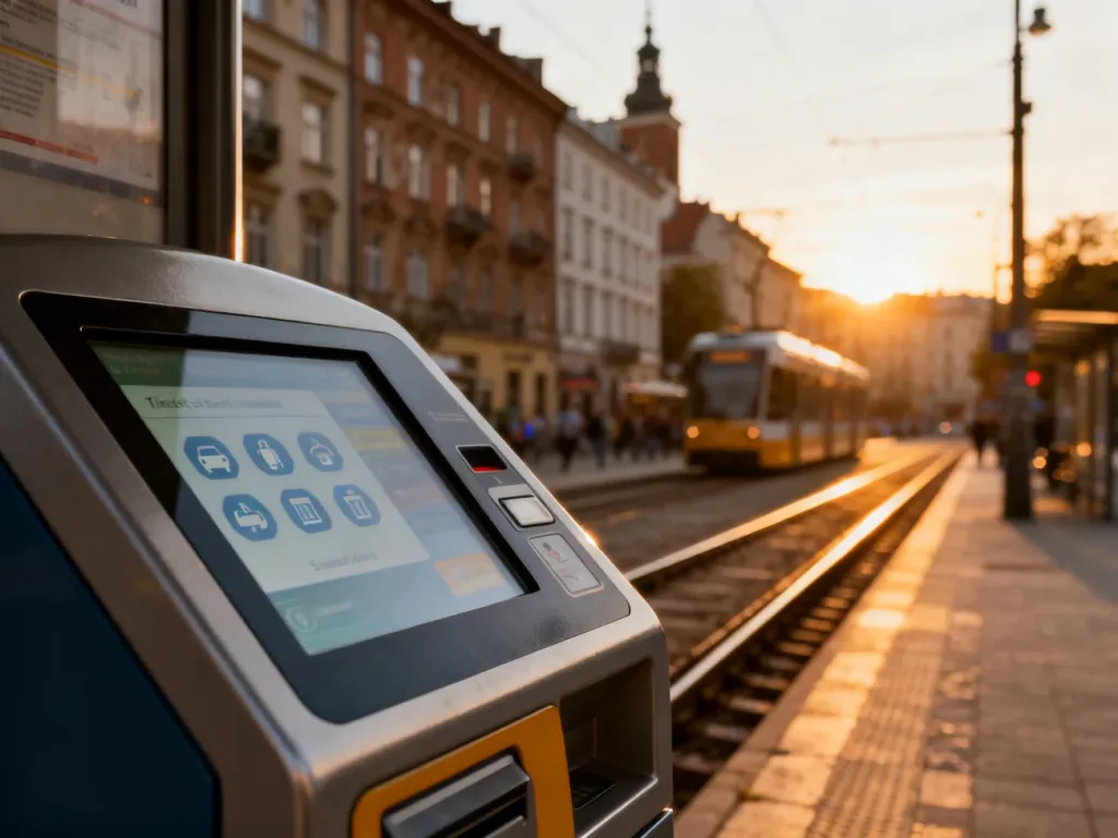 Nowoczesny biletomat na przystanku tramwajowym w Krakowie z widocznym ekranem dotykowym do wyboru biletów.