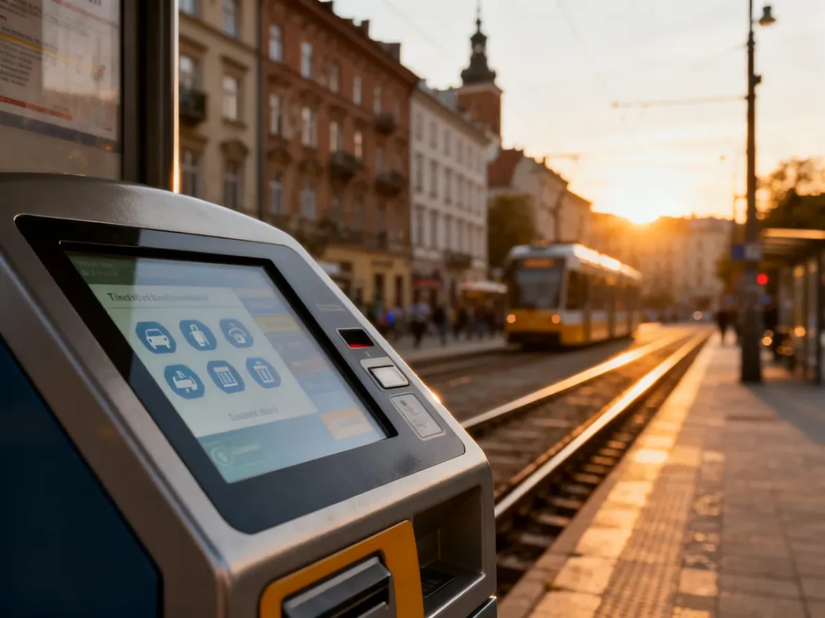 Nowoczesny biletomat na przystanku tramwajowym w Krakowie z widocznym ekranem dotykowym do wyboru biletów.