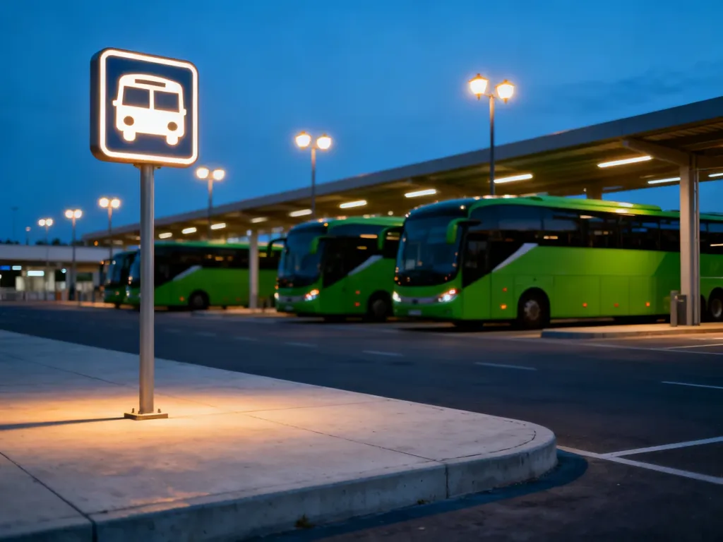 Nowoczesny terminal autobusowy o zmierzchu z podświetlonym znakiem przystanku oraz zaparkowanymi autokarami w tle.