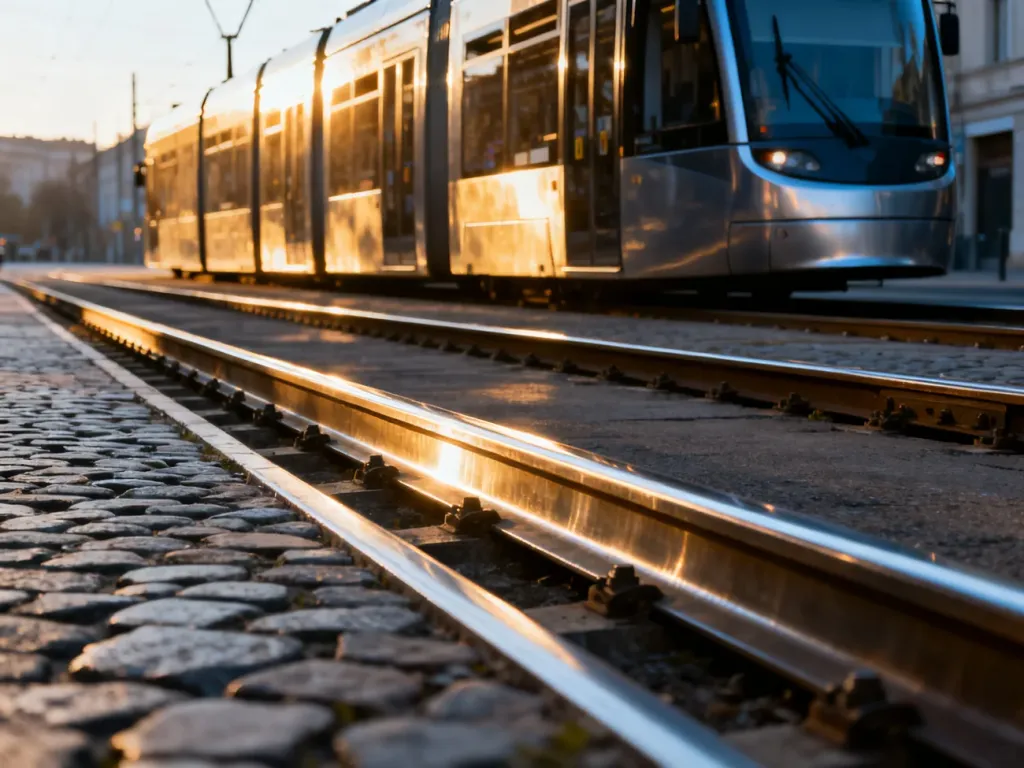 Nowoczesny tramwaj elektryczny na torach w świetle poranka, podkreślający industrialny charakter miejskiej komunikacji.