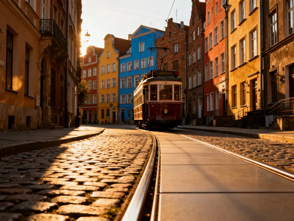 Zabytkowy tramwaj jadący brukowaną ulicą wśród kolorowych kamienic gdańskiej starówki w promieniach zachodzącego słońca.