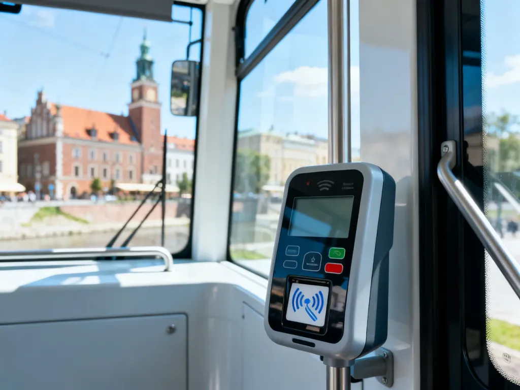 Nowoczesny kasownik biletów wewnątrz wrocławskiego tramwaju z widocznym przez okno zabytkowym miastem.