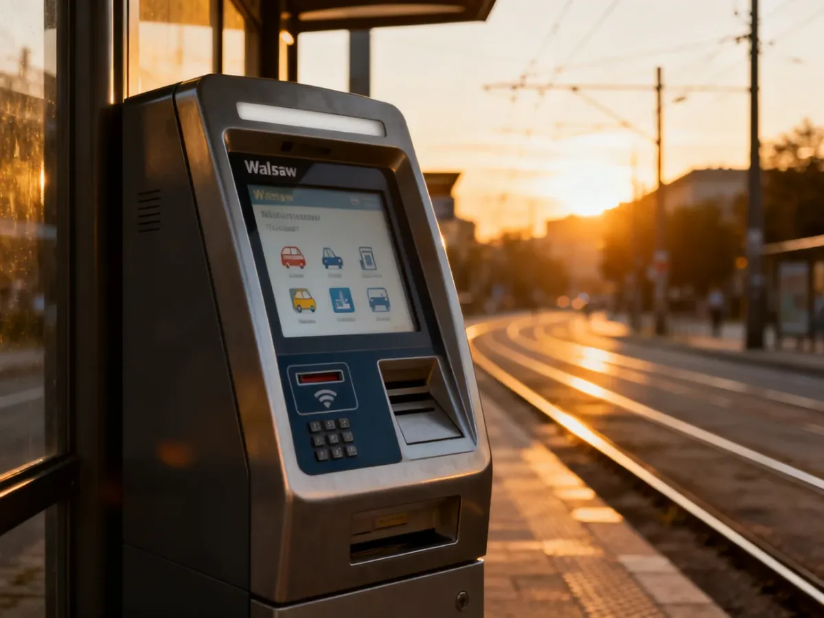Nowoczesny biletomat na przystanku tramwajowym w Warszawie w świetle zachodzącego słońca.