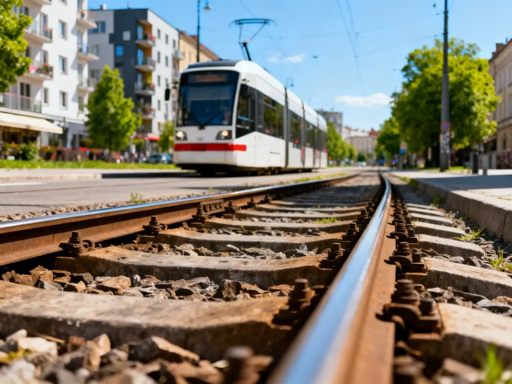 Nowoczesny tramwaj przejeżdżający przez słoneczne ulice Krakowa w drodze do dzielnicy Olszańska.