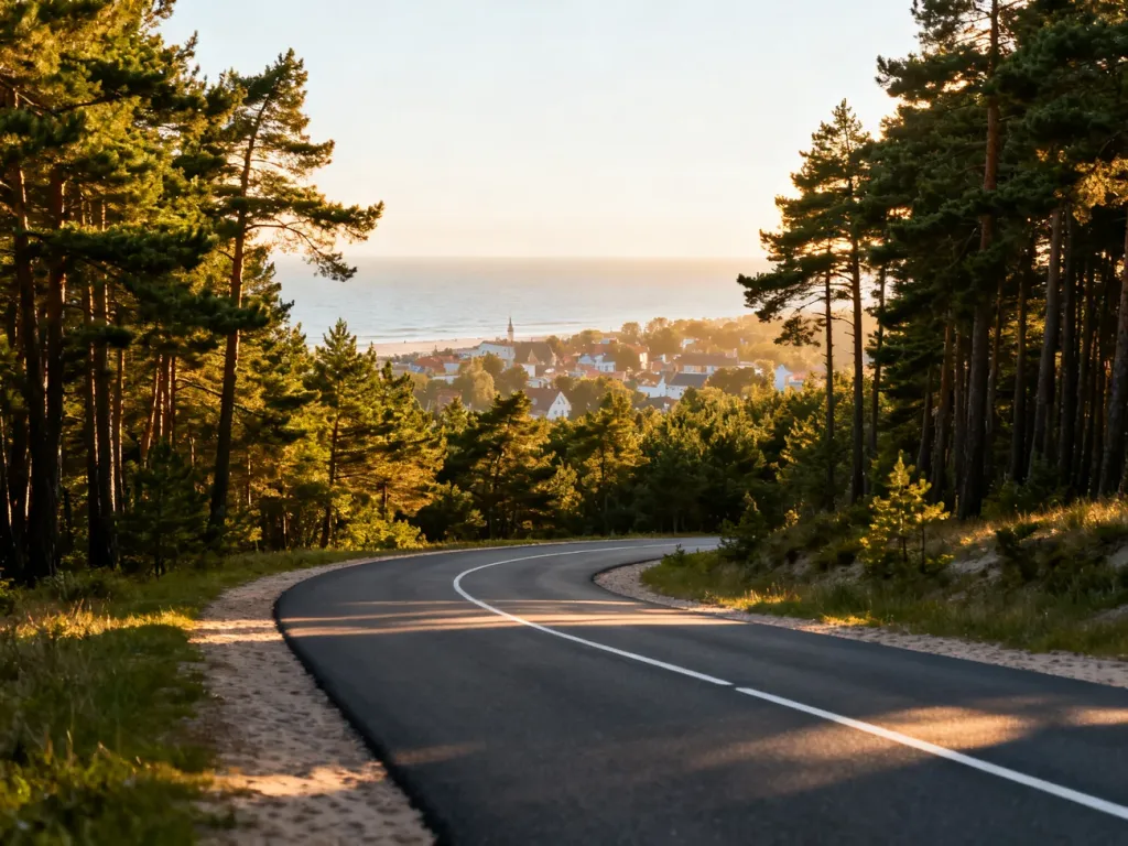 Malownicza droga prowadząca przez sosnowy las w stronę wybrzeża Bałtyku w Dąbkach.